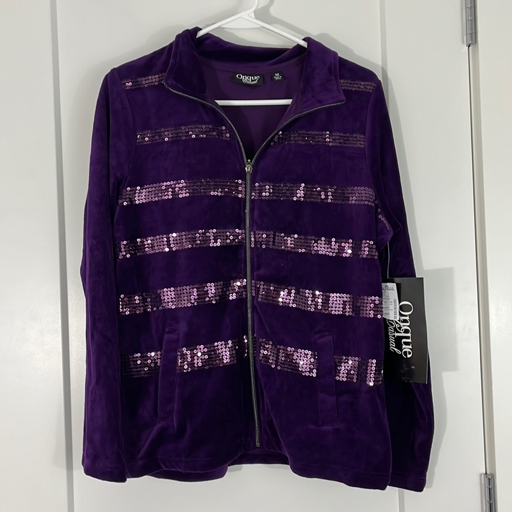 New Onque Casual Medium Purple Glam Velour Zip Up Sweatshirt with Pockets - Picture 4 of 12